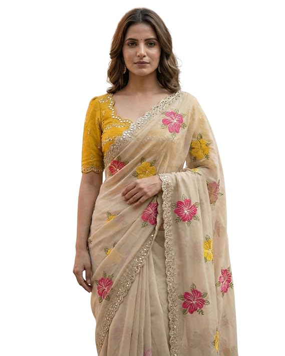 SareeDress Floral Embroidered Saree with Contrast Yellow Blouse
