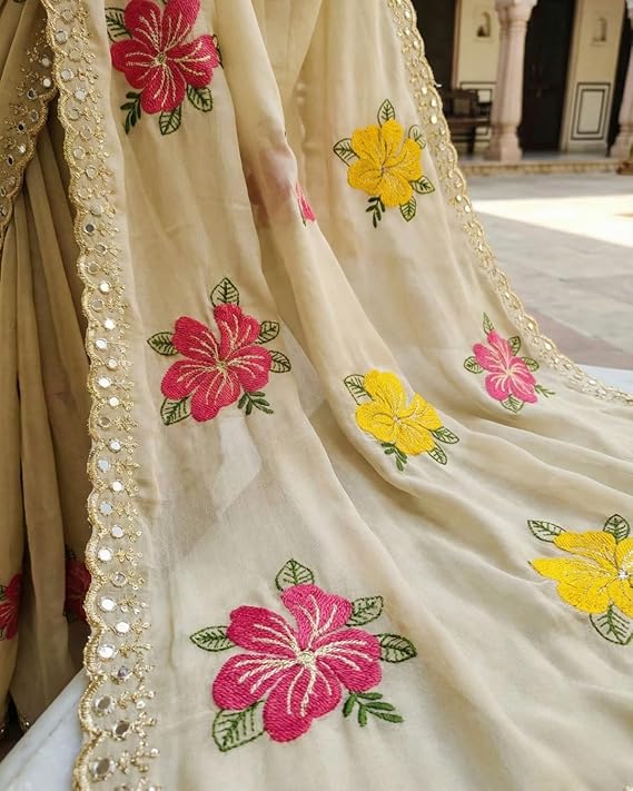 SareeDress Floral Embroidered Saree with Contrast Yellow Blouse