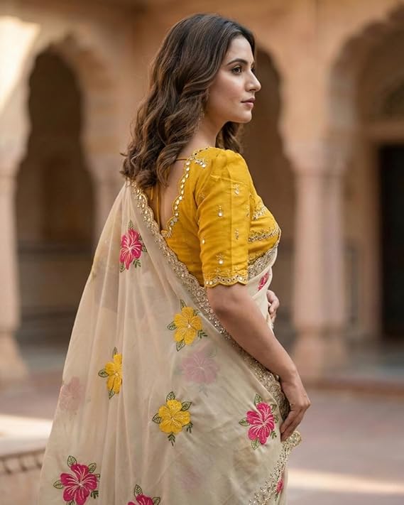 SareeDress Floral Embroidered Saree with Contrast Yellow Blouse