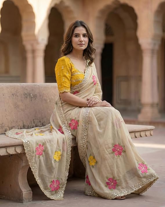 SareeDress Floral Embroidered Saree with Contrast Yellow Blouse