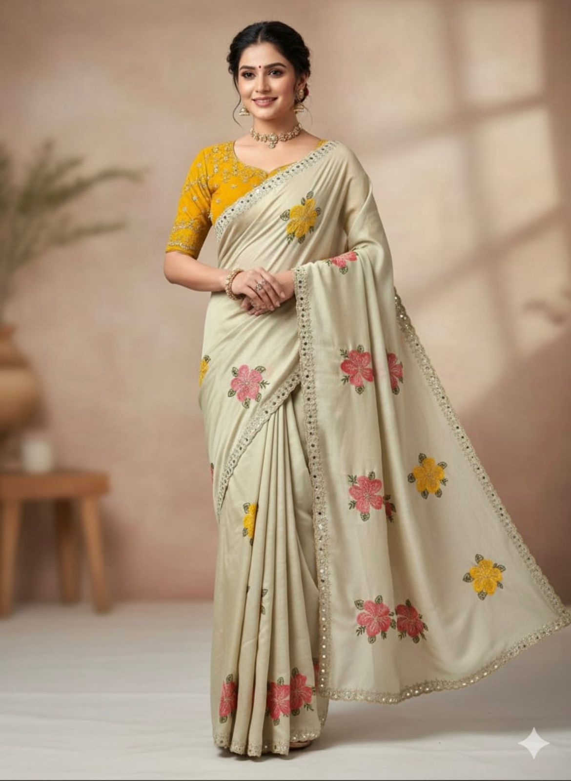 SareeDress Floral Embroidered Saree with Contrast Yellow Blouse